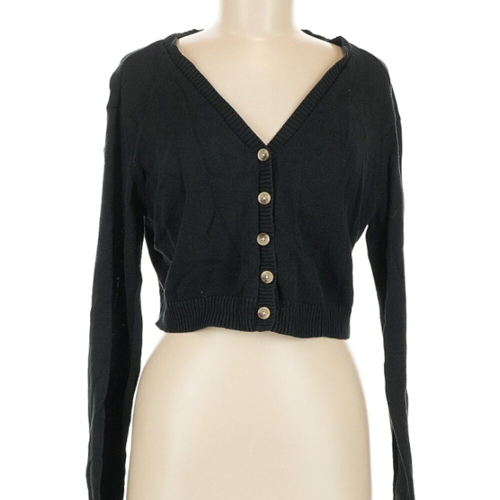 Solid Black Knitted Cropped Button Cardigan (M)